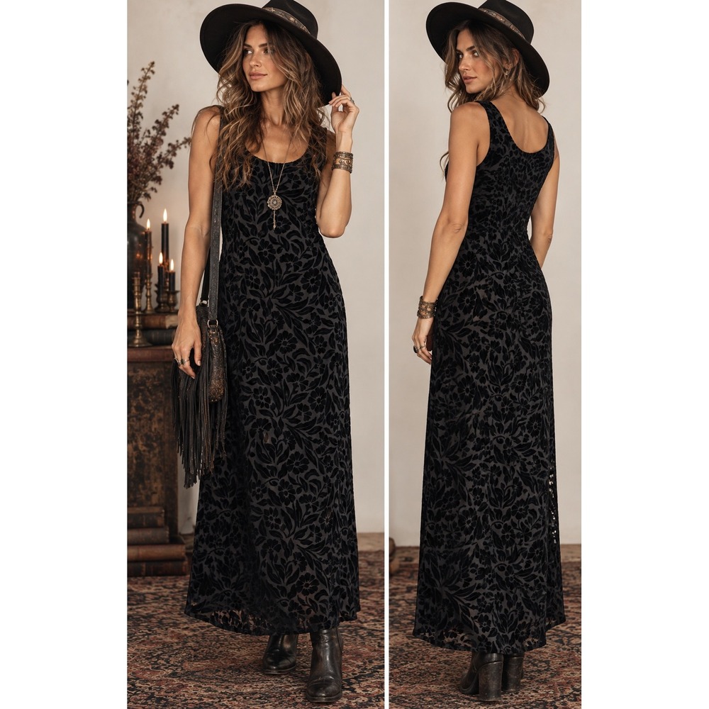 Express Women Burnout Velvet Floral Maxi Dress 7/8 Black Silk Blend Y2K Goth